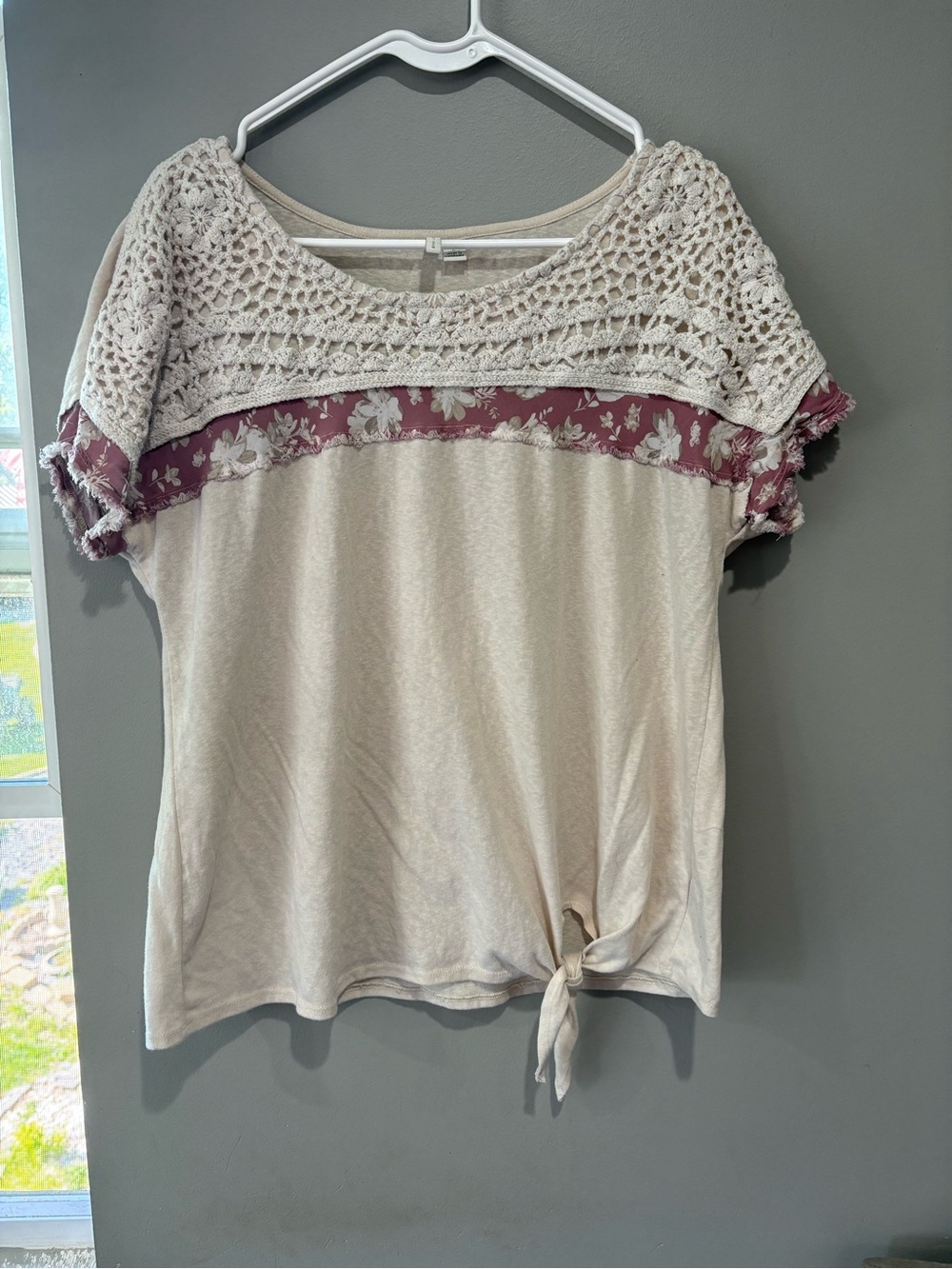 Cato Cream Top with Dusty Rose Floral Trim and Crochet Yoke